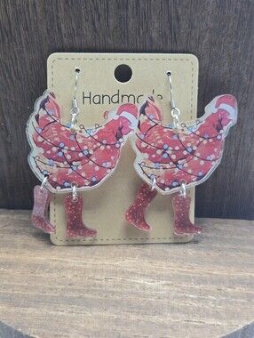 NWT Christmas Chicken Earrings Pierced Acrylic Boots Dangle Drop Light Weight